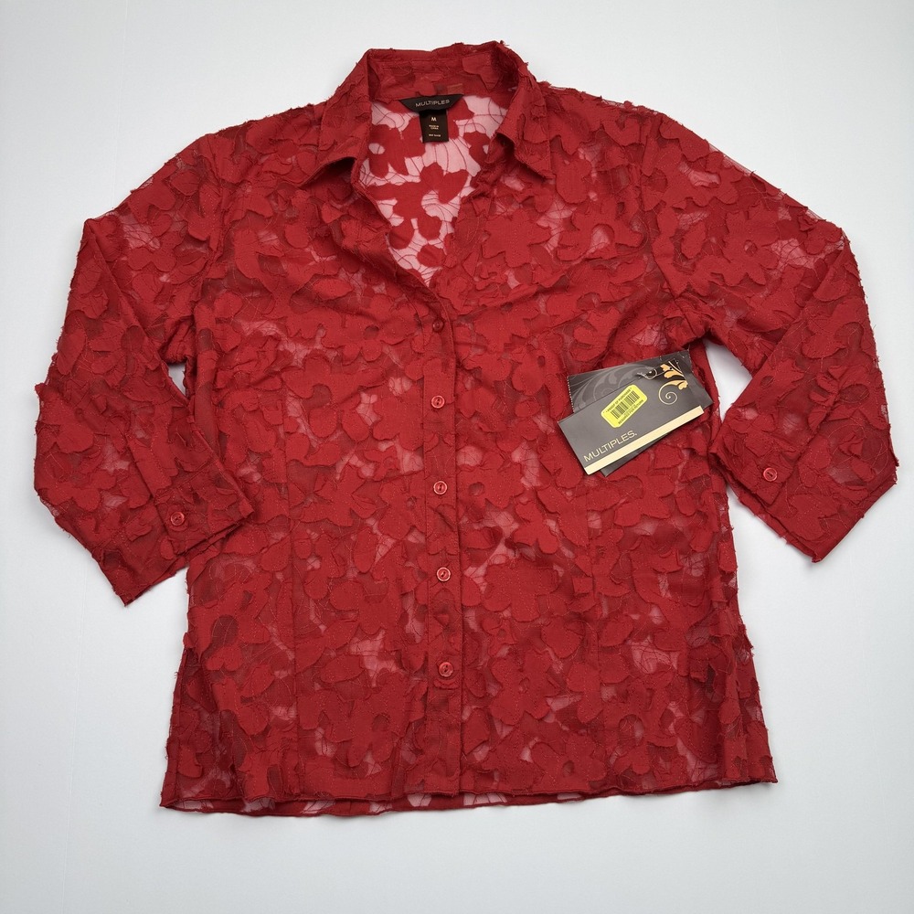 Multiples Shirt Womens Medium Red Sheer Mesh Floral Applique Button Front Top
